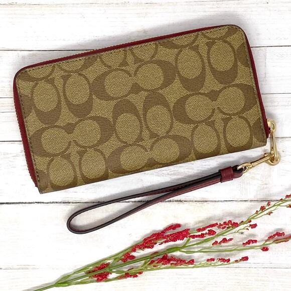 Coach Long Zip Around Wallet in Signature Canvas Khaki Cherry C4452 - Picture 2 of 5
